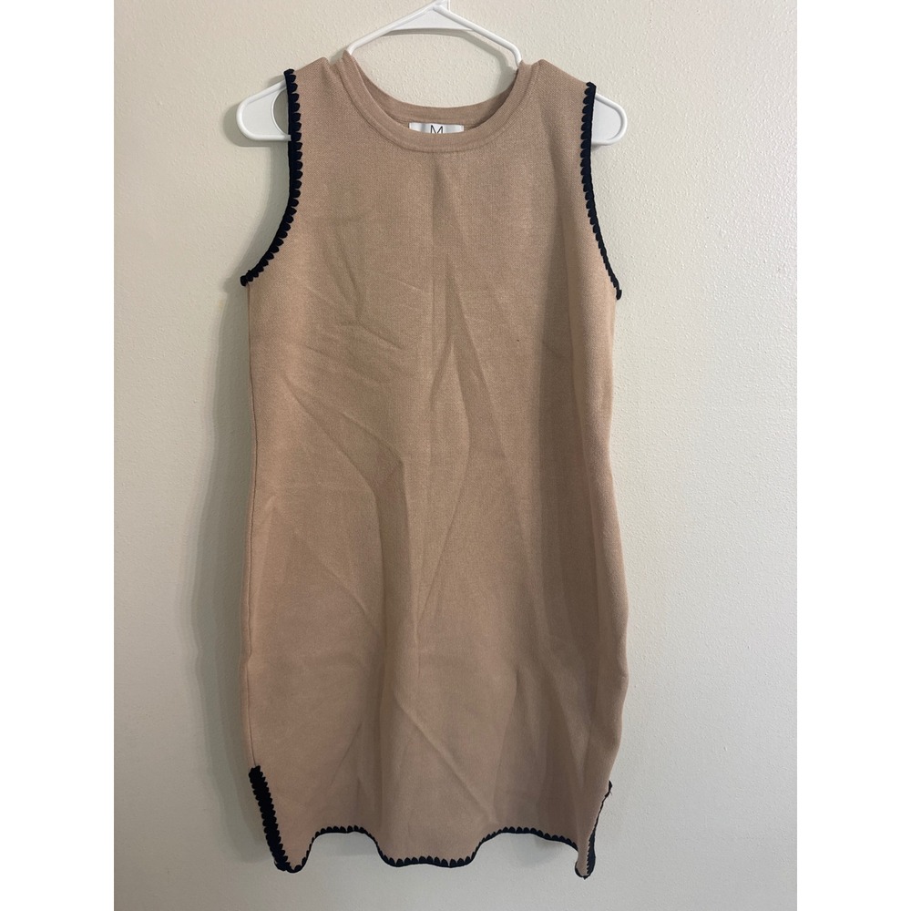 Magaschoni Womens Tan Knit Sleeveless Sheath Dress Black Ric Rac Trim Large